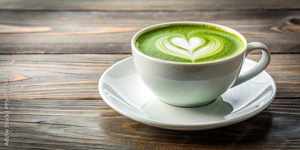A refreshing cup of green tea with a heart-shaped foam on a saucer A refreshing cup of green tea with a heart-shaped foam on a saucer