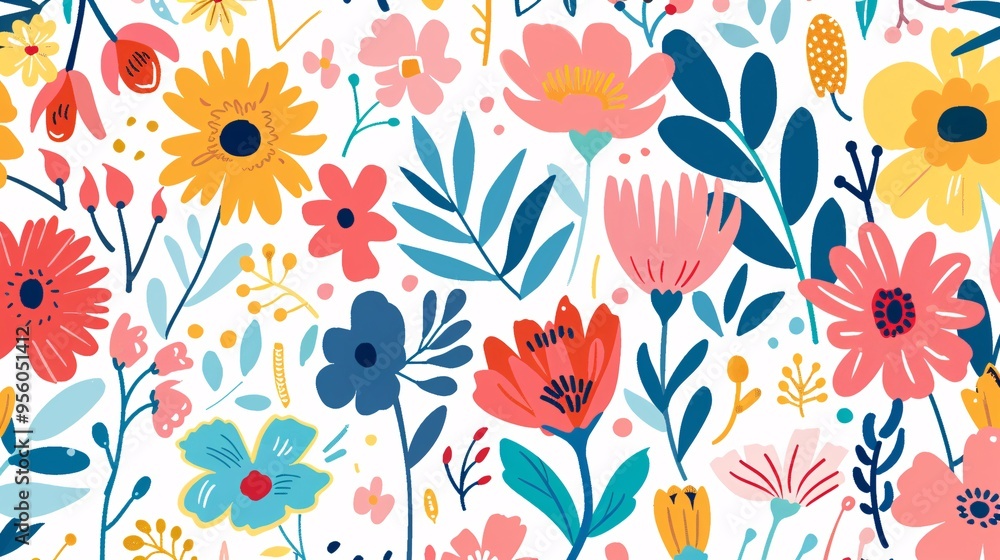 07231249 474. Top-down view of abstract floral elements in a spring theme, illustrated in a flat vector style with bright and cheerful colors on a white background 07231249 474. Top-down view of abstract floral elements in a spring theme, illustrated in a flat vector style with bright and cheerful colors on a white background