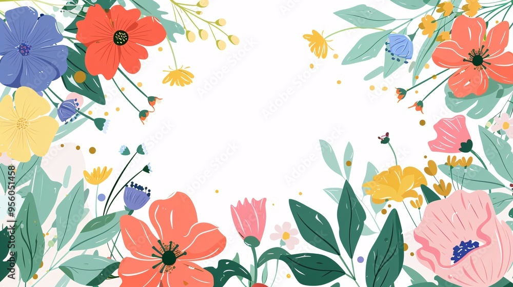 Obraz premium 07231249 475. Flat vector illustration of spring abstract flowers from a top perspective, featuring a clean white background with colorful and dynamic floral designs