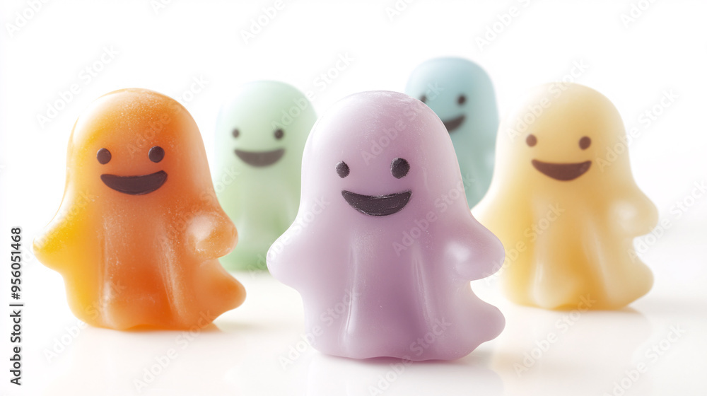 Candy ghosts with smiling faces, cute and spooky, pastel colors, isolated on white background Candy ghosts with smiling faces, cute and spooky, pastel colors, isolated on white background