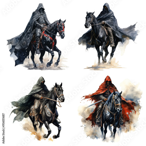 Four Hooded Figures Riding Black Horses