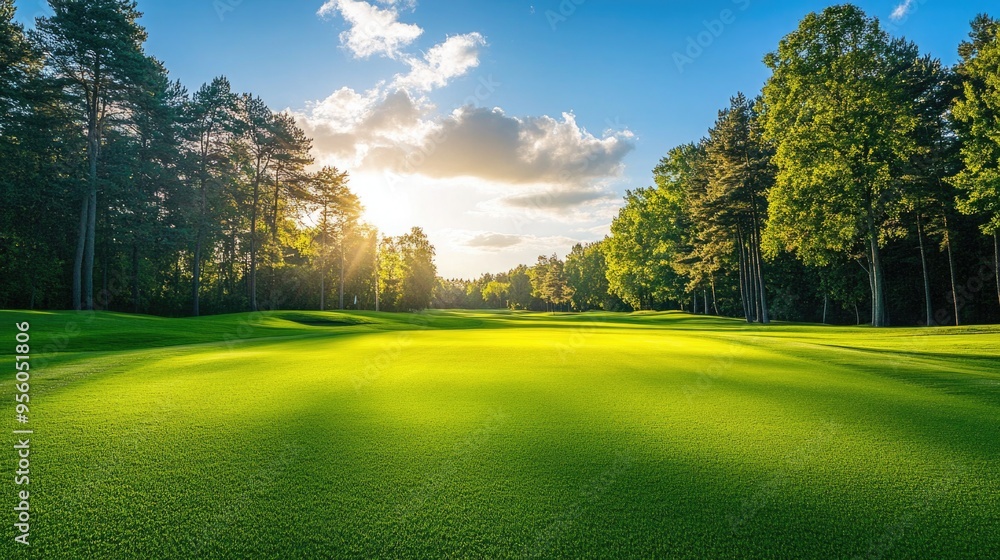 Naklejka premium Green grass and woods on a golf field