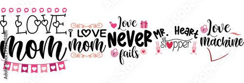 Elegant Loving Valentines Bundle Designs Calligraphy, Quotes Set Vector Illustration for Bookmark, Decal, Vouchers