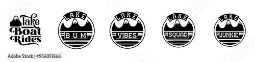 Colourful Lake Bundle Trendy Retro Style Illustration, Hand Lettering Collection Vector Illustration for Sticker, Social Media Post, Printable