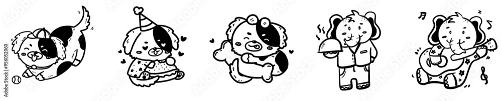 Obraz premium Cute Kawaii Animal Cartoon Bundle Labels And Badges, Inscriptions Set Vector Illustration for Holiday Cards, Stationery, Flyer