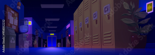 School hallway interior at night. Vector cartoon illustration of empty dark corridor with metal lockers, drinking water dispenser, announcement board on wall, waste bin, flower pots, classroom doors