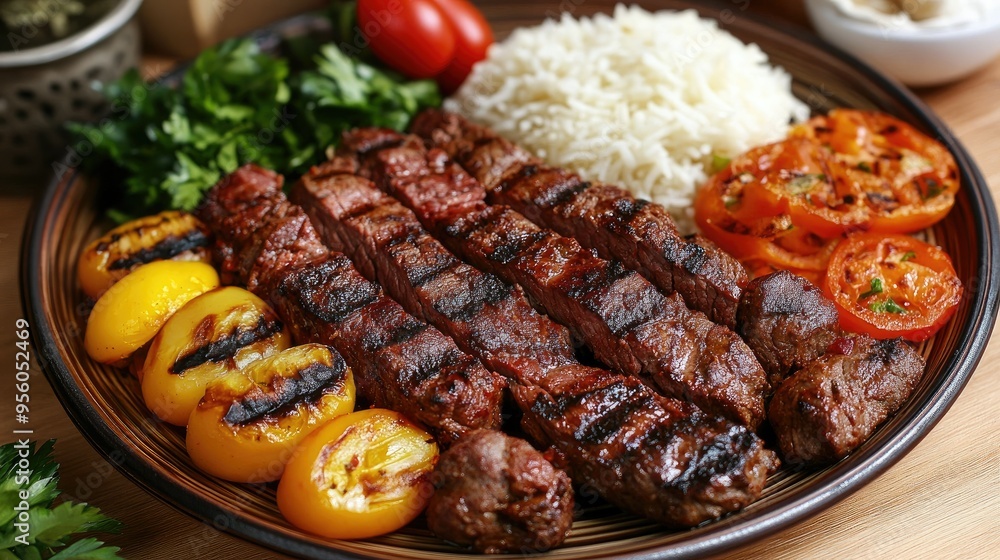 A beautifully arranged plate of Turkish kebab, with grilled meat, vegetables, and rice. A beautifully arranged plate of Turkish kebab, with grilled meat, vegetables, and rice.