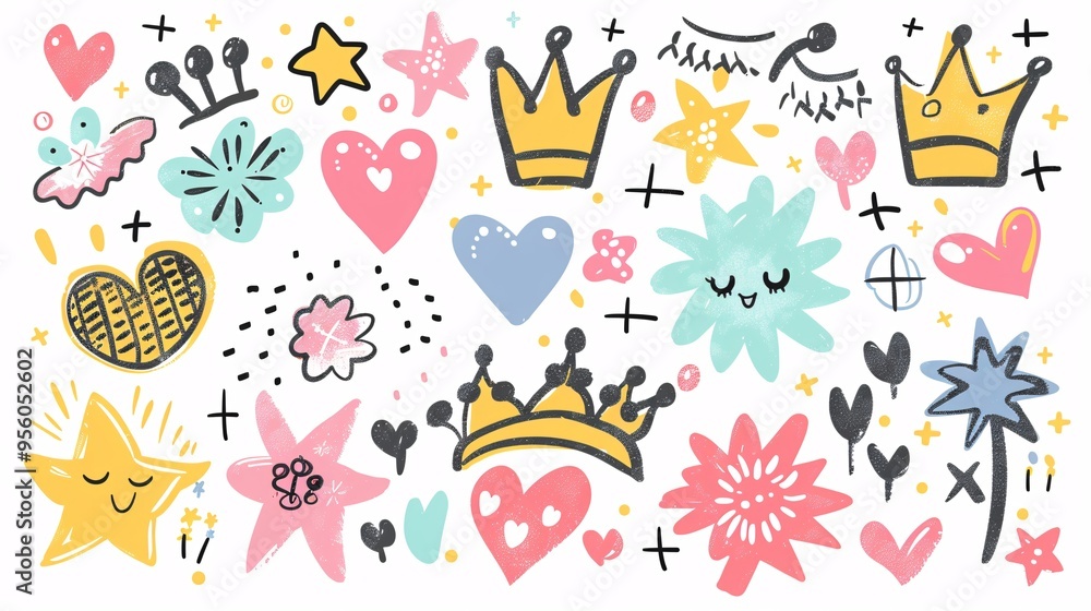 07231249 491. Collection of hand-drawn colorful charcoal doodle shapes and squiggles, featuring crowns, stars, flowers, hearts, and grid elements in a playful and girly style, isolated on a white 07231249 491. Collection of hand-drawn colorful charcoal doodle shapes and squiggles, featuring crowns, stars, flowers, hearts, and grid elements in a playful and girly style, isolated on a white