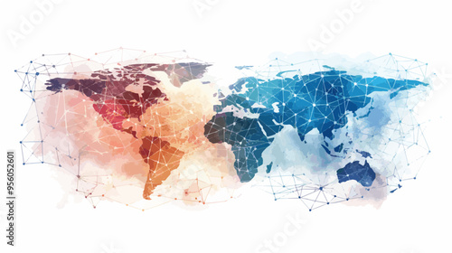 World map with geometric lines symbolizing international connections and technological networks in a digital age.