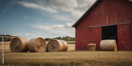 Weathered red barn with hay bales on grass in front of it. photo