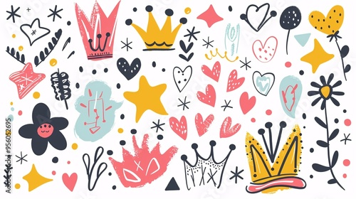 07231249 493. Hand-drawn charcoal doodle collection with colorful shapes and squiggles, featuring playful elements such as crowns, stars, flowers, and hearts in a girly style on white