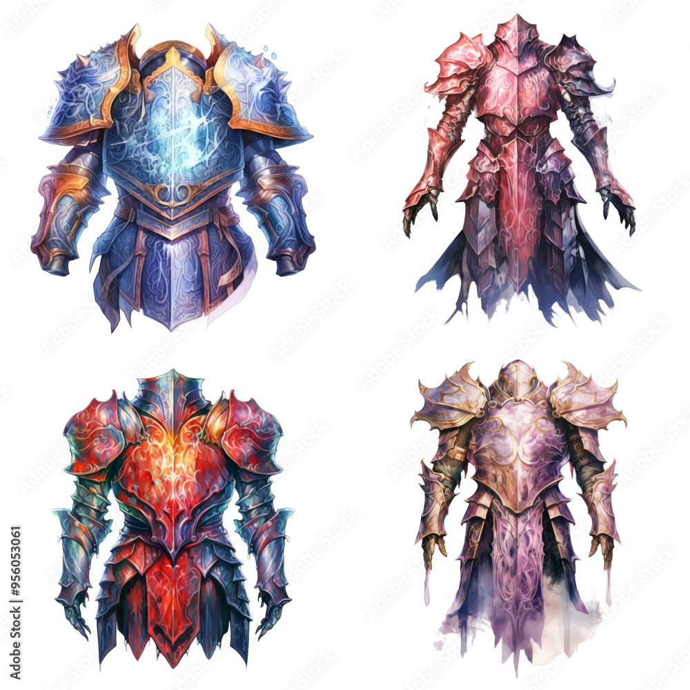 Fototapeta premium Four Ornate Suits of Armor with Different Color Schemes