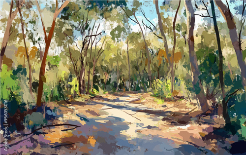 A vibrant impressionist landscape of an Australian bush clearing under a sunny sky, with light dappling through the trees, capturing a serene outdoor scene.
