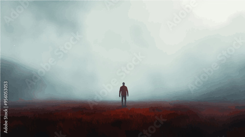 Lone figure in a foggy field, minimalist scene capturing solitude and mystery with a moody color palette.