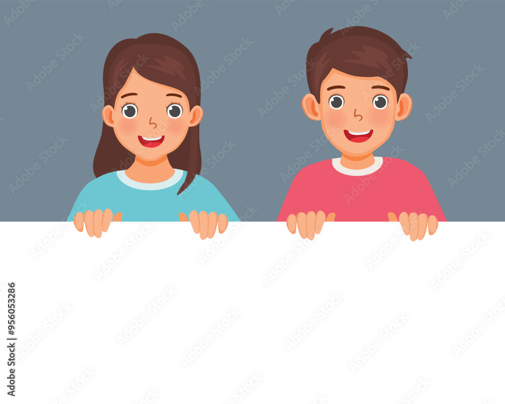 young man and woman standing behind blank sign board banner for copy space advertising and announcement messages young man and woman standing behind blank sign board banner for copy space advertising and announcement messages