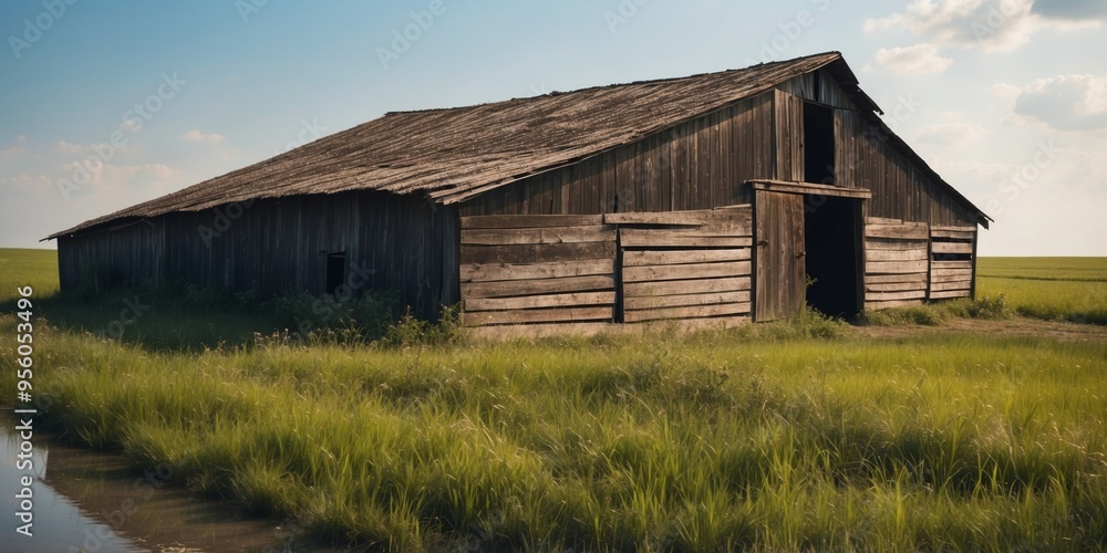 Weathered barn with a deteriorating roof in a green field near a blue water ditch on a sunny spring day. Weathered barn with a deteriorating roof in a green field near a blue water ditch on a sunny spring day.
