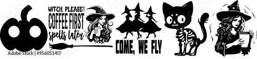 Colourful Halloween Witch Bundle Witch Calligraphy, Typography Set Vector Illustration for Newsletter, Printable, Magazine