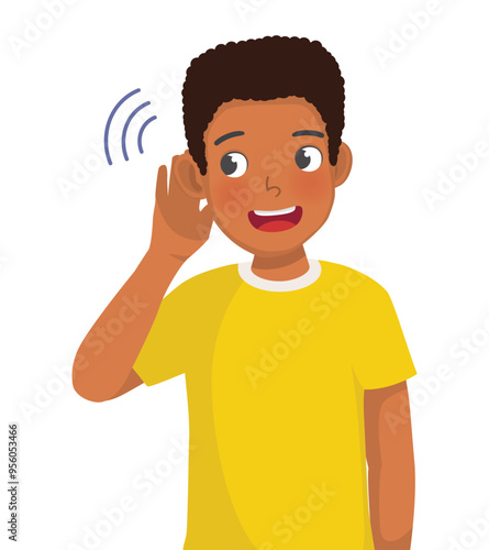 Young African man putting hand near ear listen to news gossip