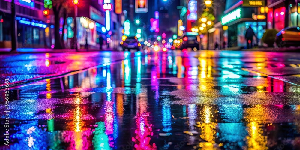 Fototapeta premium Vibrant neon-lit city street at night with colorful reflections on wet pavement