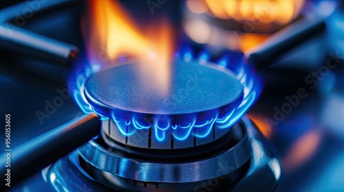 A close-up of a natural gas burner flame on a stovetop, with the blue flame glowing brightly