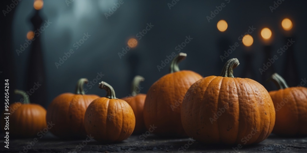 Pumpkins on a gloomy gothic background Halloween concept Background with selective focus and copy space. Pumpkins on a gloomy gothic background Halloween concept Background with selective focus and copy space.