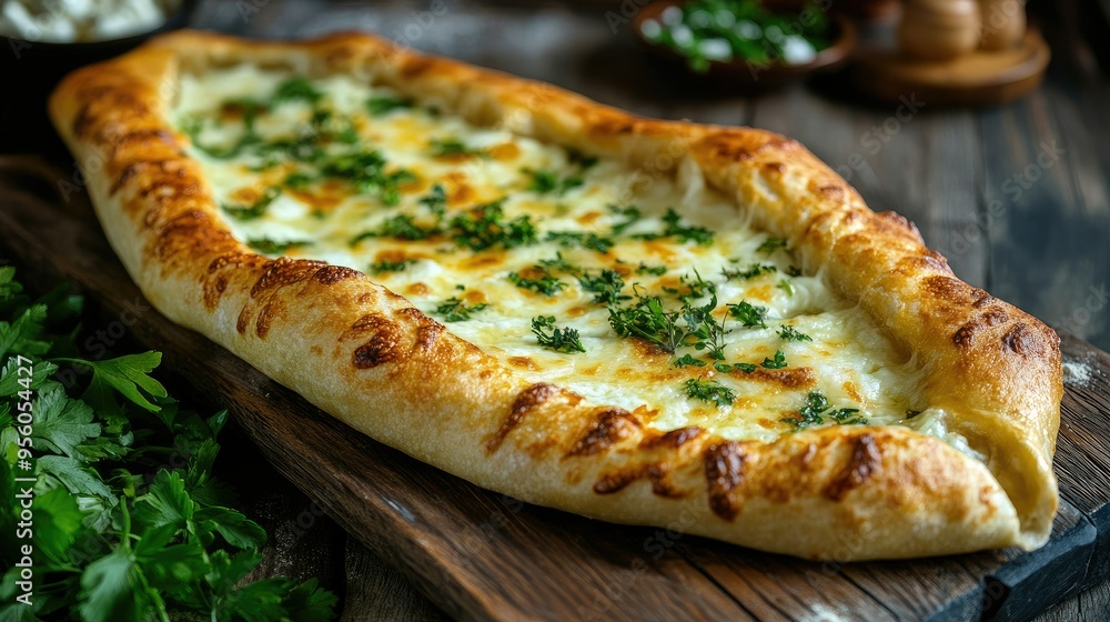 A close-up of a traditional Turkish pide, with melted cheese and herbs, on a rustic wooden board. A close-up of a traditional Turkish pide, with melted cheese and herbs, on a rustic wooden board.