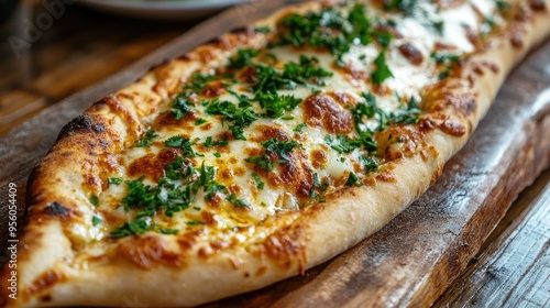 A close-up of a traditional Turkish pide, with melted cheese and herbs, on a rustic wooden board.