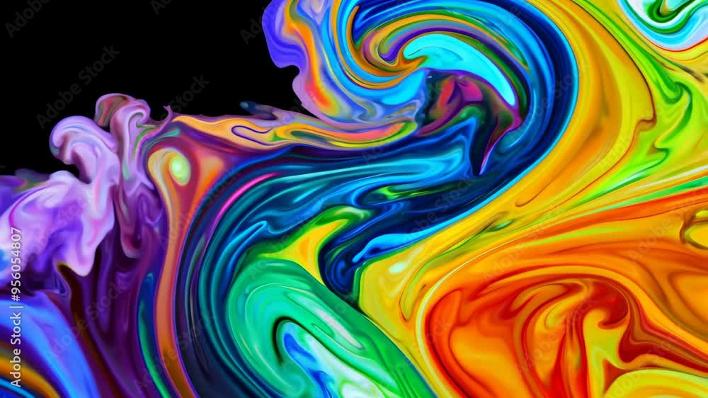 A mesmerizing abstract design with vibrant swirls of electric blues, radiant yellows, lush greens, and fiery oranges on a black background. A mesmerizing abstract design with vibrant swirls of electric blues, radiant yellows, lush greens, and fiery oranges on a black background.