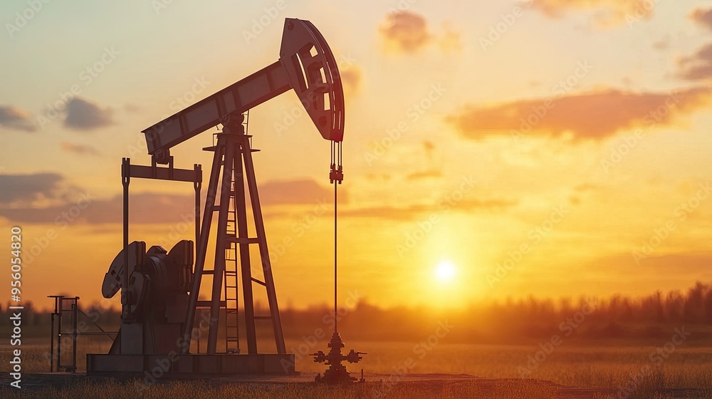 A close-up of an oil well pumpjack operating in a remote field during sunset A close-up of an oil well pumpjack operating in a remote field during sunset