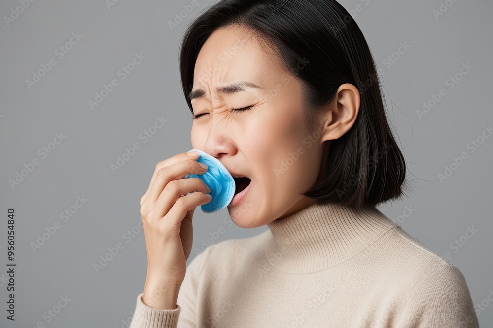 Close-up of a Female Asian Coughing Due to Allergy Symptoms and Flu Cases on a Plain Background Close-up of a Female Asian Coughing Due to Allergy Symptoms and Flu Cases on a Plain Background