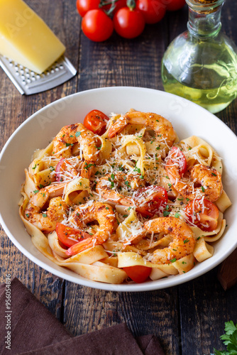 Pasta with shrimps, tomatoes and cheese. Healthy eating. Italian food.