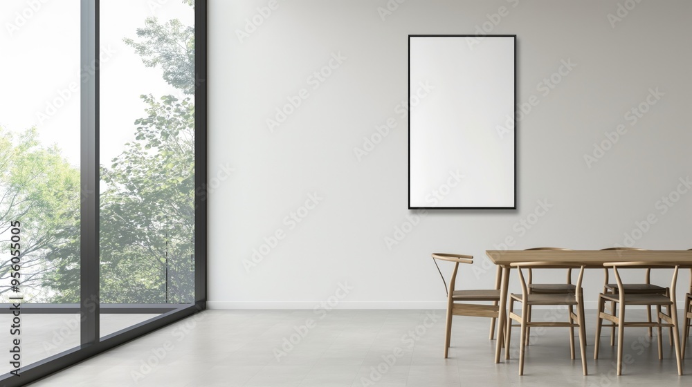Fototapeta premium Modern Minimalist Dining Room with Large Window and Blank Wall Art