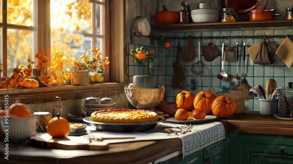 Autumnal Kitchen with Pumpkin Pie and Rustic Decor Autumnal Kitchen with Pumpkin Pie and Rustic Decor