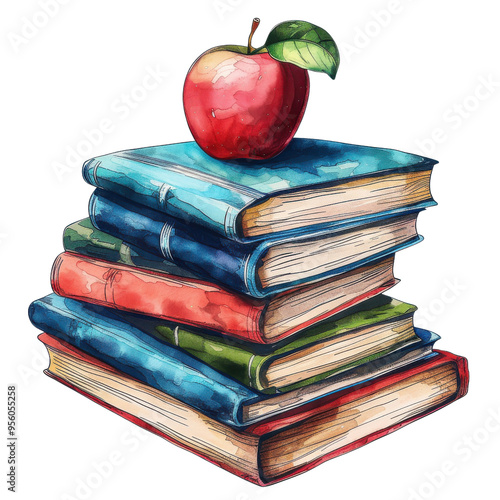 A vibrant stack of colorful books topped with a fresh apple, representing education and knowledge in a creative style.