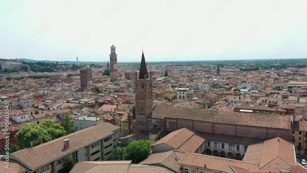 Aerial view of Verona city tourist center Chiesa delle Sante Teuteria e Tosca on a summer sunny day, Italy, Europe Aerial view of Verona city tourist center Chiesa delle Sante Teuteria e Tosca on a summer sunny day, Italy, Europe