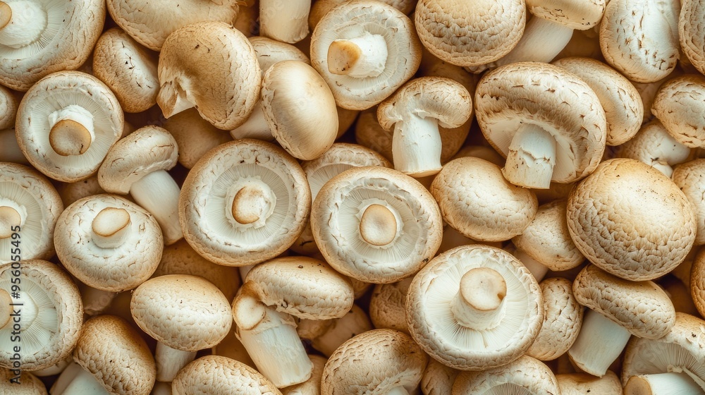 A cluster of champignon mushrooms forming a natural pattern, perfect for a culinary-themed background A cluster of champignon mushrooms forming a natural pattern, perfect for a culinary-themed background
