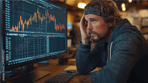 A person intensely focused on stock market graphs, vector depicting the emotional rollercoaster of trading.