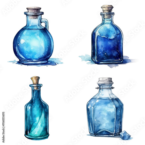 Four Watercolor Illustrations of Blue Glass Bottles photo