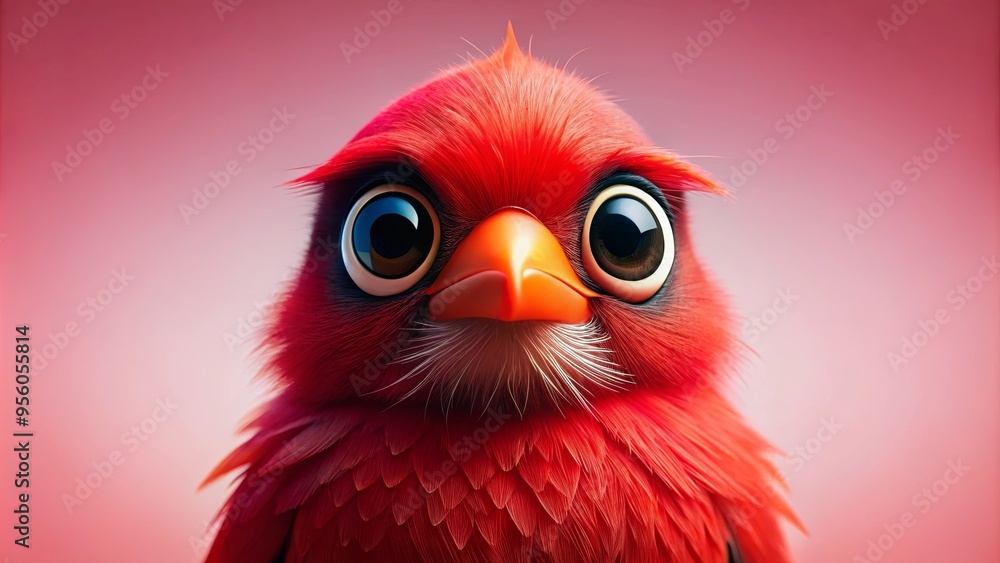 Fototapeta premium Vibrant red bird with oversized eyes against soft pink background