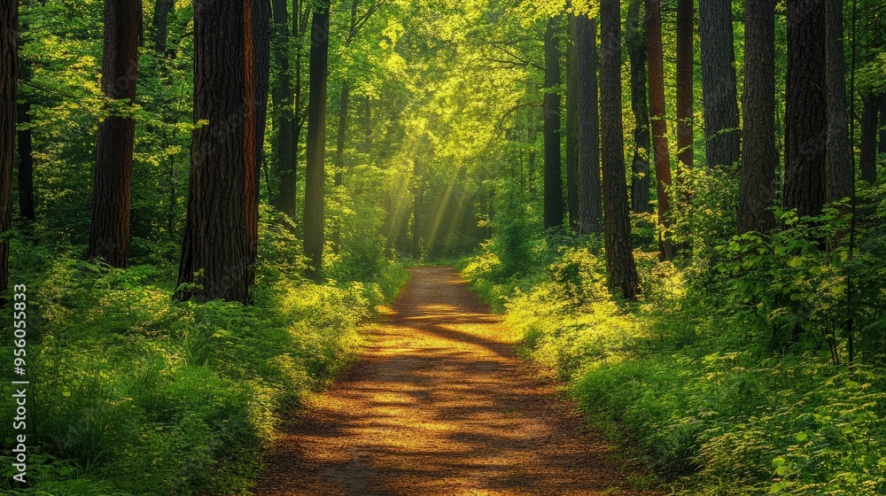 Obraz premium A forest path surrounded by tall trees and vibrant greenery, perfect for a nature escape