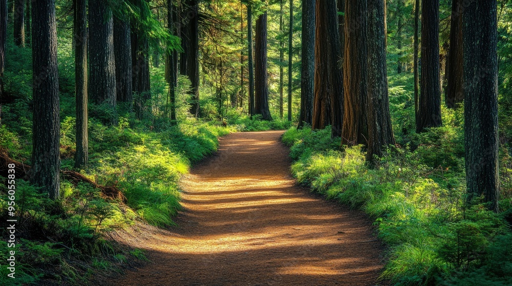 Obraz premium A forest path surrounded by tall trees and vibrant greenery, perfect for a nature escape