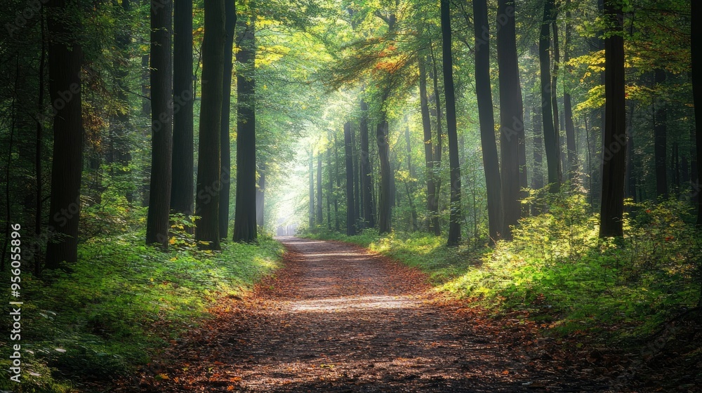 A forest path surrounded by tall trees and vibrant greenery, perfect for a nature escape A forest path surrounded by tall trees and vibrant greenery, perfect for a nature escape
