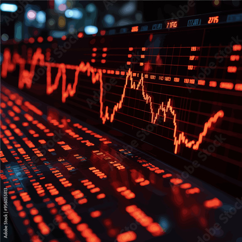 Dynamic red financial chart with fluctuating line graph, representing volatile market trends, data analytics, and economic analysis.