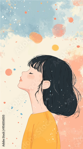 Stylized illustration of a young woman with black hair in profile, wearing a yellow shirt, set against a pastel background with abstract dots, exuding calm and introspection.