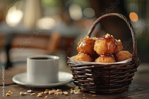 Whimsical basket of honey cakes with berry jelly, almond crumbs  sweet and playful delights photo