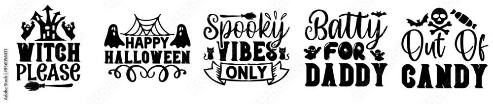 Naklejka premium Modern Halloween Bundle Quotes, Typographic Emblems Collection Vector Illustration for Infographic, Magazine, Label