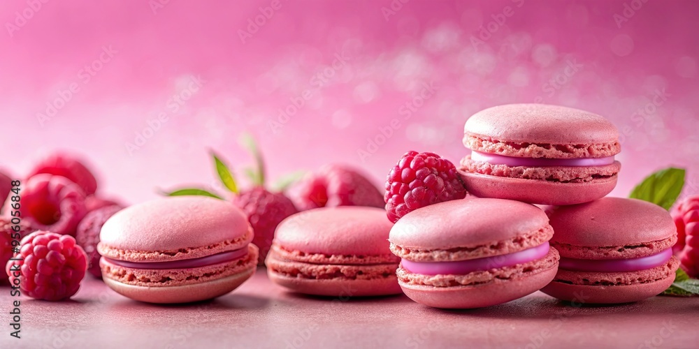 Exquisite pink macarons and fresh raspberries on a pink background Exquisite pink macarons and fresh raspberries on a pink background