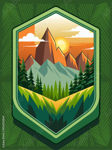 Mountain Range Sunset Landscape with Pine Trees and Green Foliage