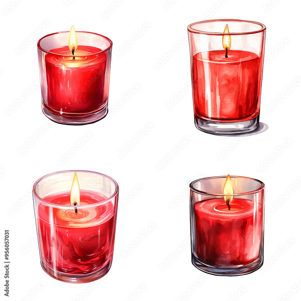 Four Red Candles in Glass Containers with Flames Four Red Candles in Glass Containers with Flames