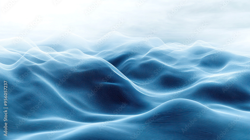 Fototapeta premium The image is a blue ocean with a lot of waves. The waves are very small and the water is very calm. The sky is white and there are no clouds
